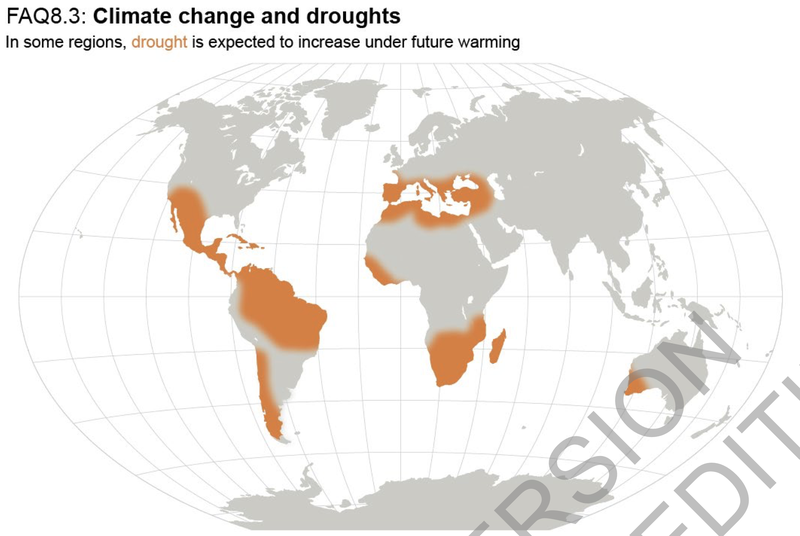 Figure 17 - Représentation géographique des régions où les sécheresses augmenteront du fait du changement climatique (FAQ.8.3).png